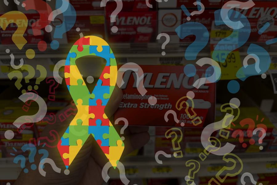 Autism Tylenol Lawsuit Cover Image for Litigation Connect showing Tylenol on shelves with autism ribbon and questions marks in autism colors
